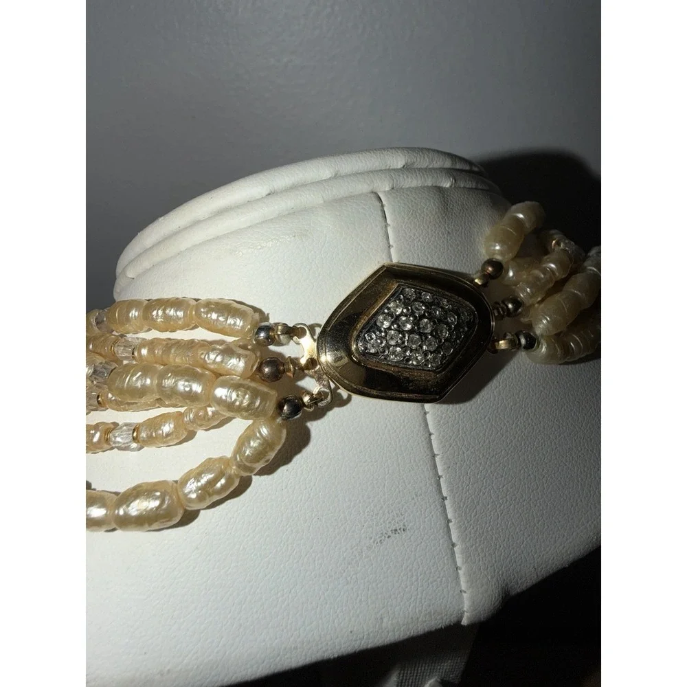 Vintage 6 Strand Pearl Pendant Necklace Gold Tone Clasp Rhinestones 17